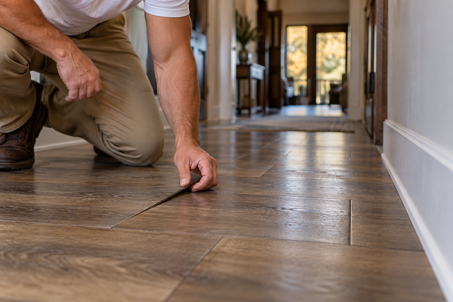 Man inspecting a lifting wood-look flooring plank in a high-traffic hallway for signs of damage and wear.