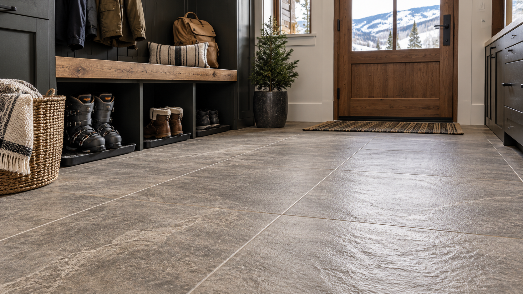 Steamboat-style mudroom with large-format, textured stone-look porcelain tile, built-in boot storage, a bench, and winter gear near the entry door.