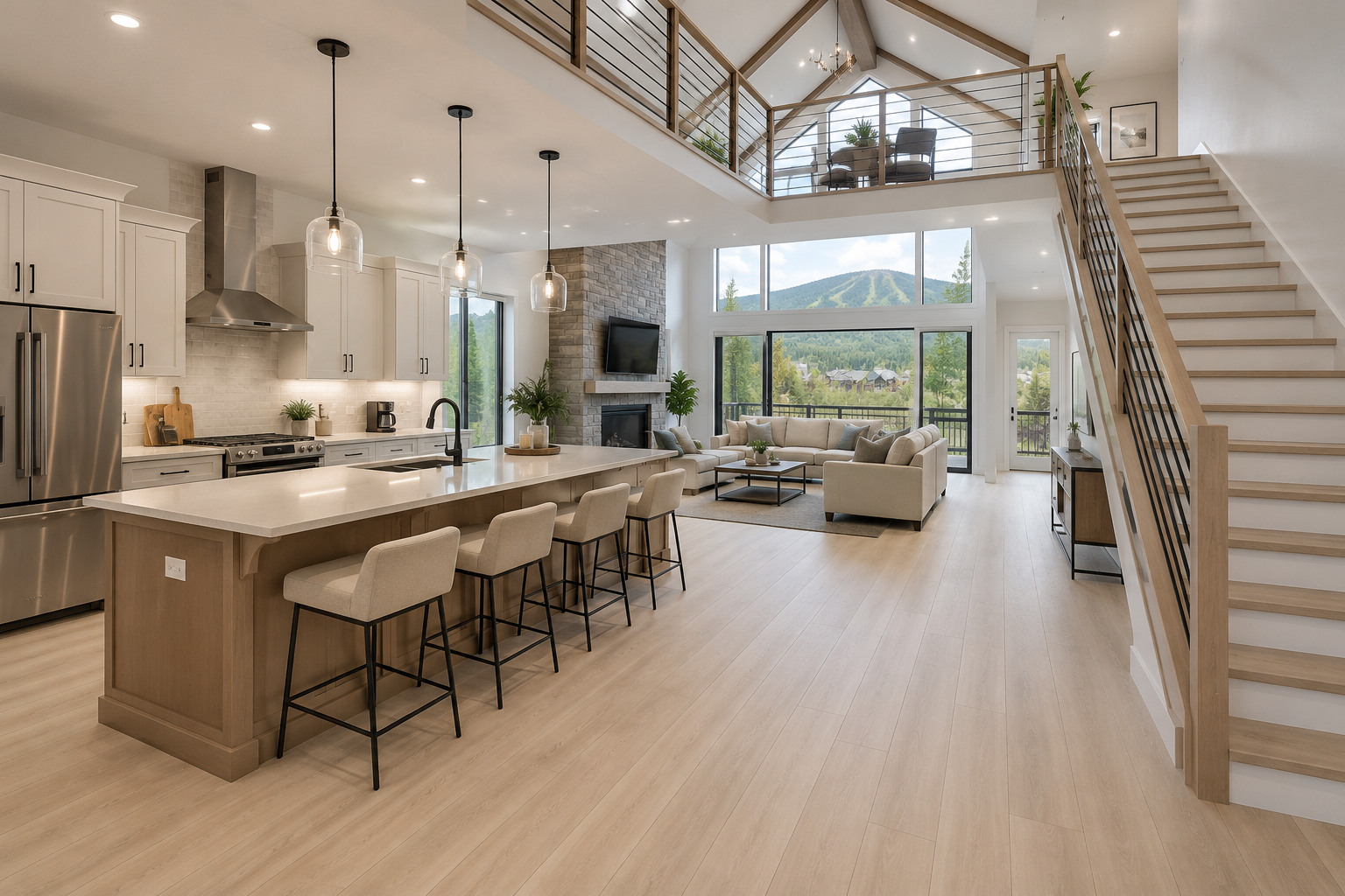 Open-concept mountain home in Steamboat Springs featuring extremely light blonde luxury vinyl plank flooring, a spacious kitchen with a large island, second-story loft, staircase, and panoramic summer mountain views.