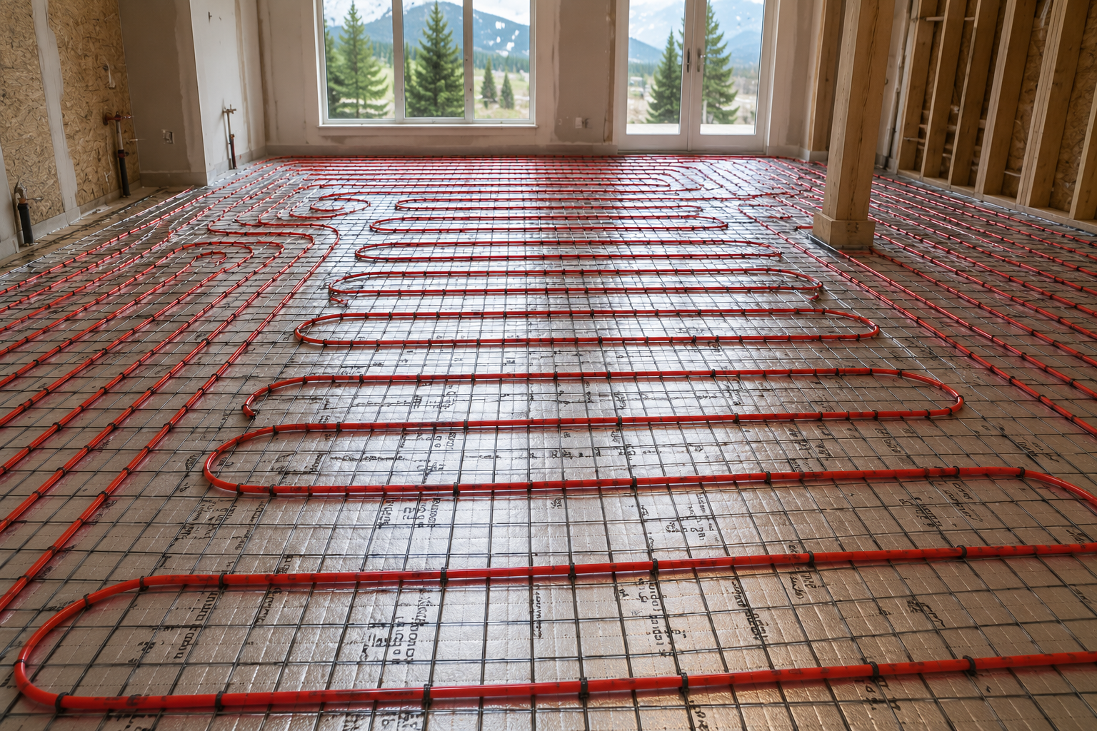 Radiant heat flooring system installed over a subfloor before new flooring installation in a Steamboat Springs home, showing evenly spaced heating tubing throughout the room.
