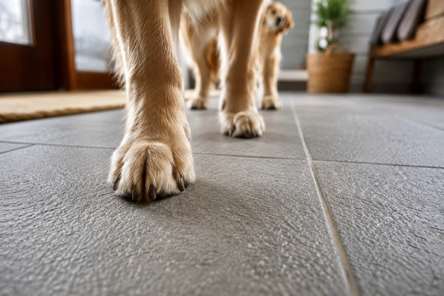 Close-up of a dog's paw stepping across a textured gray tile floor in a modern home, highlighting the slip-resistant surface that provides secure footing for pets while offering a durable, low-maintenance flooring option for active households.