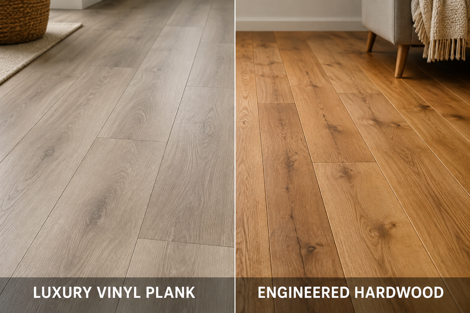 Side-by-side flooring comparison showing wide, light-toned luxury vinyl plank on the left and narrower, warm-toned engineered hardwood with natural wood grain on the right.