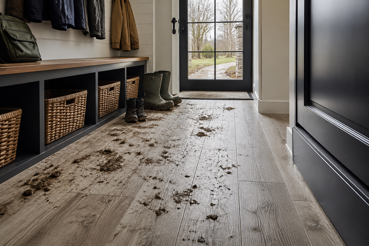 Wet mud tracked across luxury vinyl plank flooring in a Steamboat Springs mudroom, showing boots, entryway storage, and moisture buildup during spring mud season.