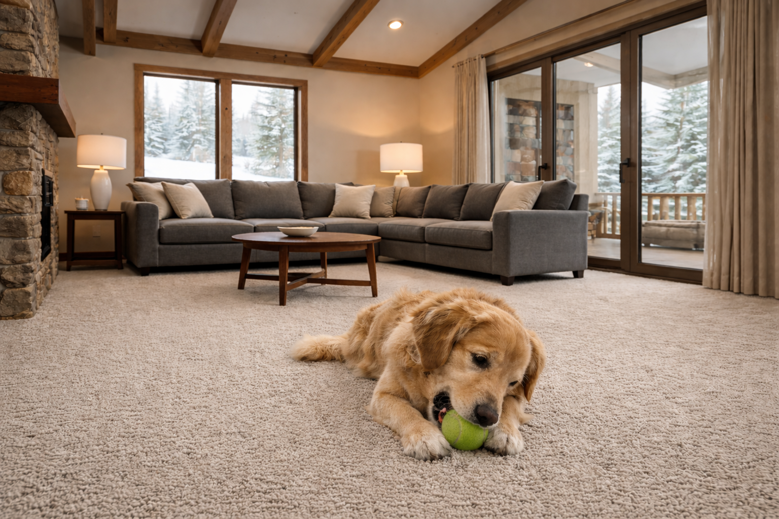 A cozy Steamboat Springs living room with a gray sectional sofa, neutral Shaw carpet flooring, and a golden retriever playing with a tennis ball in a mountain home setting.